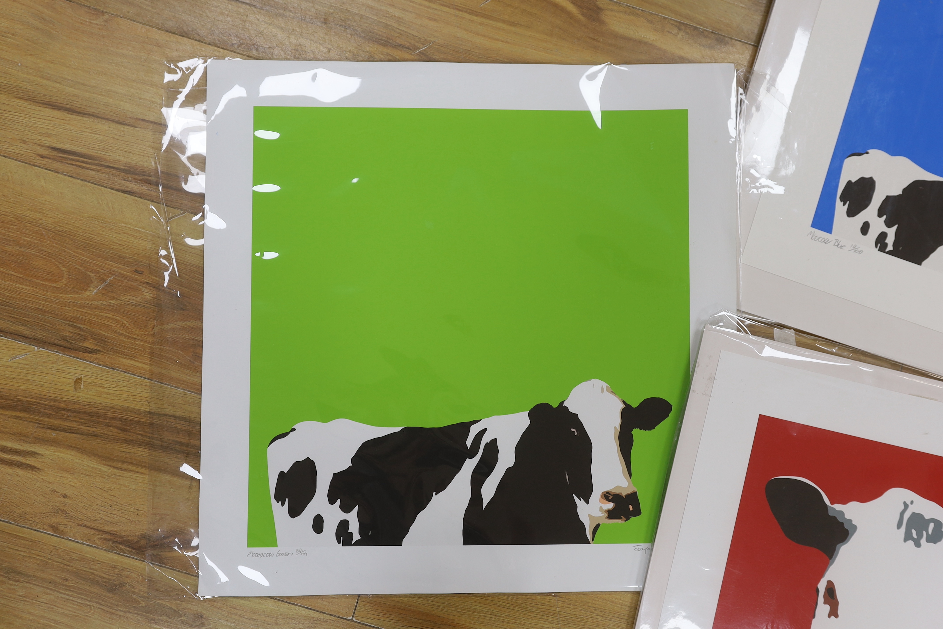 Jayson Lilley (b.1972), set of five contemporary colour screenprints, Cows including 'Mooocow Green' limited edition 59/99, and 'Isobel', limited edition 8/100, each signed in pencil, each 50 x 50cm, unframed